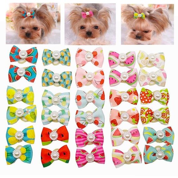 Puppy bows ~ Tiny small fruit bows with pearls everyday dog groomers grooming pet hair bows (rc16)