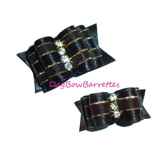 Puppy Dog Bows ~ Brown/gold show with rhinestone center pet hair bow  barrettes  (fb5)