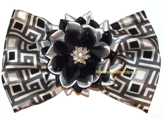 Becky Bows ~ Barrette rhinestones huge Scarf BIG hair bow Women or Girls giant BLACK gray LOTUS Kanzashi flower