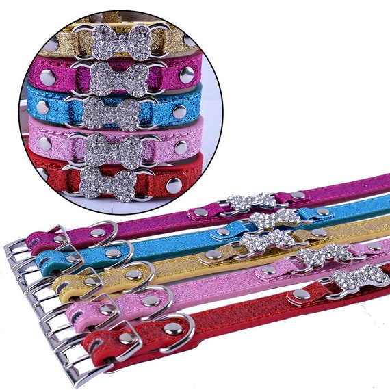 Puppy Dog Bows ~ Rhinestone dog bone glitter small dog collar 8"-11"  (fb151)