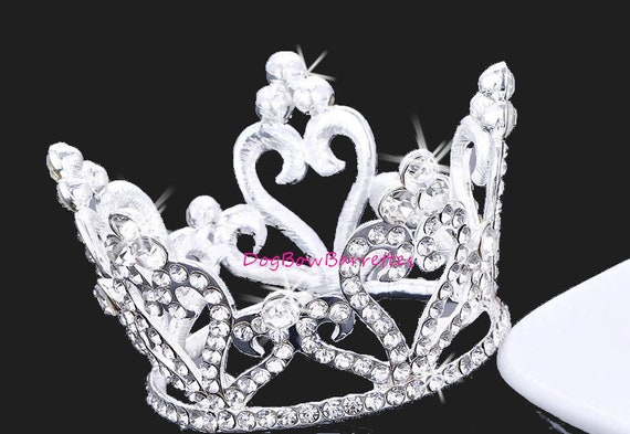 Puppy Bows ~ STUNNING heart 3D silver full round tiara for dogs pet hair crown beauty pageant style barrette (fbg1)