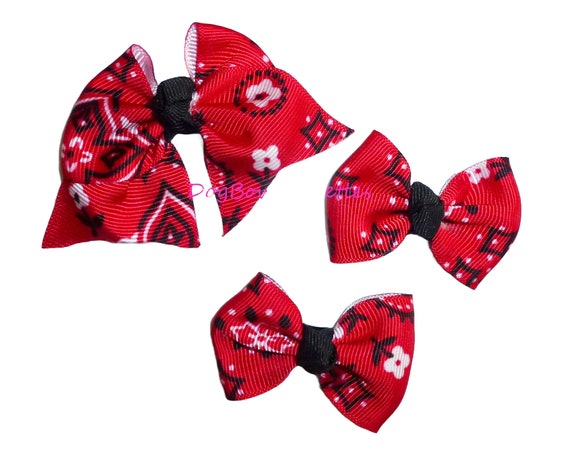 Puppy Dog Bows Set of 3 red bandana pet hair show bow barrettes or bands (FB188D)