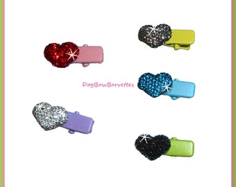 Noeuds pour chiots ~ PETIT 3/4" LOT de 5 pièces ! Pavé de coeurs en strass sur des pinces crocodiles en poils de chien