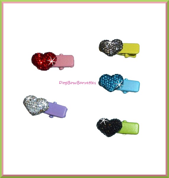 Puppy Bows ~ TINY 3/4" SET of 5 pieces! pave rhinestone hearts on alligator clips dog hair pet bow