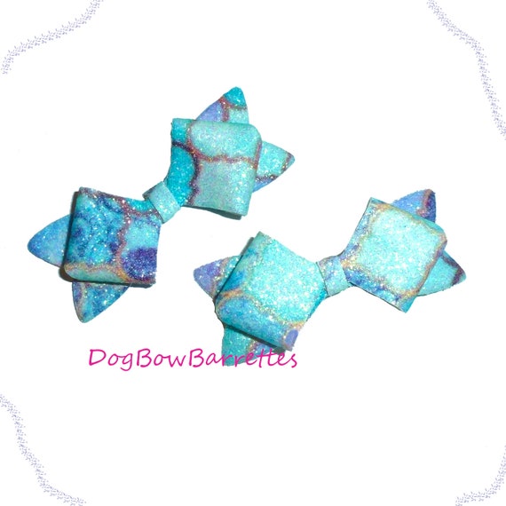 Dog hair bows tiny PAIR 2" blue merman bow band or barrette clip (GLBX)