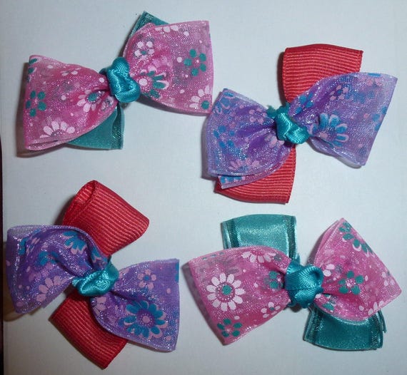 Puppy Bows ~ 4 purple pink teal floral pet hair bow latex band ~Usa seller (fb92)