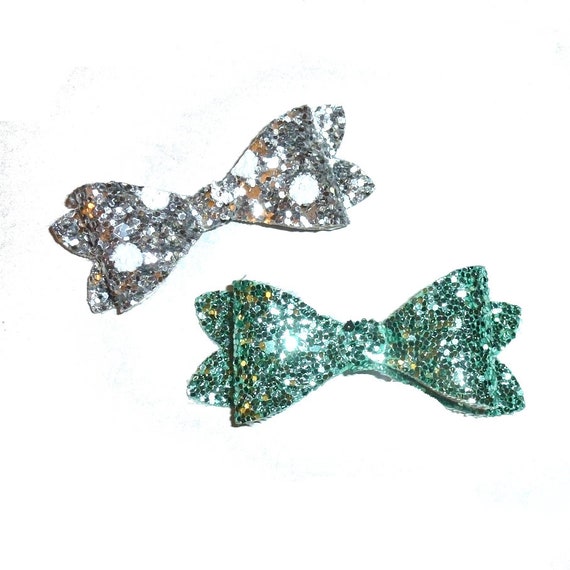 Dog hair small glitter bows CLEARANCE 2 pet grooming bow silver teal barrette clip  (fb508)