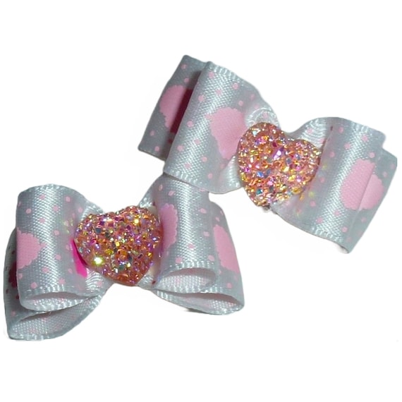 Puppy Dog Bows TWO pink/white heart   pet hair show bow barrettes or bands (FB153)