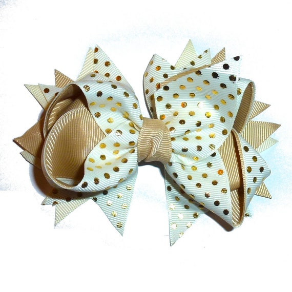 Puppy Bows ~ Dog collar slide bow large dog hair bows gold metallic polka dots (DC42)