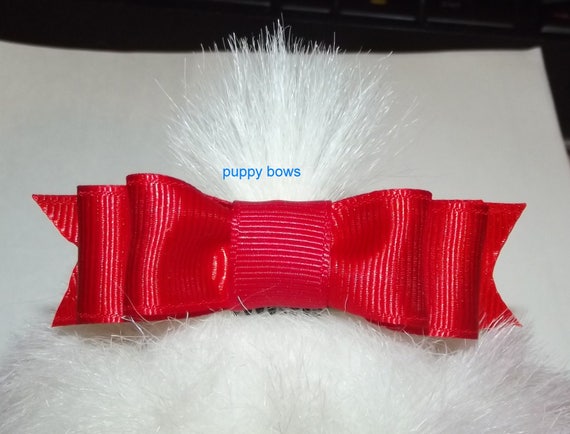 Puppy Bows ~ Long 3" double loop bow tie pet hair bow latex bands or barrette red black blue pink lots of colors