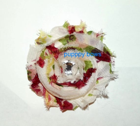 Puppy Dog Bows ~ Shabby chic lace flowers RED white ROSE pet hair bow barrettes or bands (fb60)