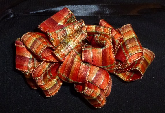 Becky Bows ~ Barrette ribbon Hand crafted over sized BIG hair bow Women or Girls Fall Autumn orange brown Thanksgiving