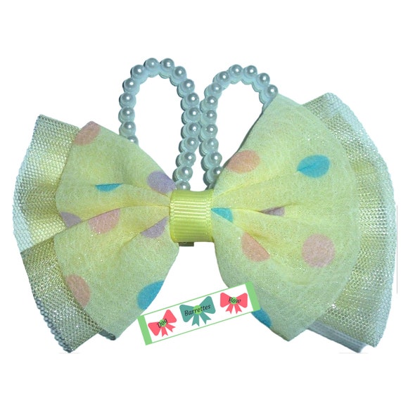 Puppy Bows ~ Yellow Easter bunny pearl ears pet dog hair bow barrette, collar slide accessory or latex bands (FB565)