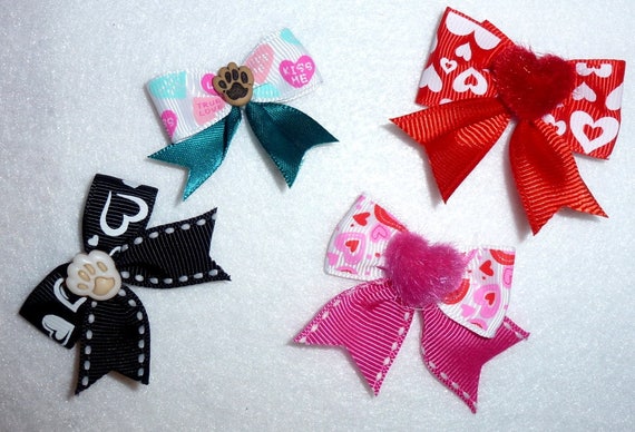 Puppy Bows ~Boys girls valentine's heart everyday bows latex bands red black pink teal (fb84)