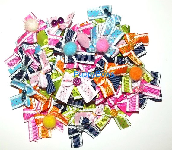 Puppy Bows ~Girl bow pink lace dog polka dot argyle rainbow Yorkie Maltese Shih Tzu ~USA seller (fb25)
