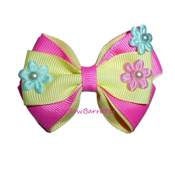 Puppy Bows ~ Yellow pink flowers pet dog hair bow barrette, collar slide accessory or latex bands (FB438A)
