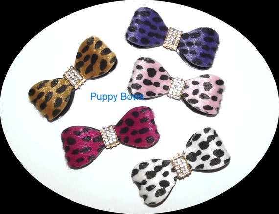 Puppy Bows ~ ANIMAL PRINT barrette pet hair clip with rhinestone centers ~USA seller