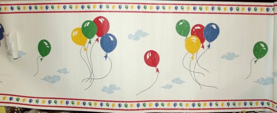 Wallpaper border primary colors BALLOONS birthday clouds red blue green 10 yds total