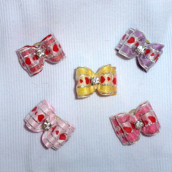 Puppy Bows ~Organza heart bows for dogs 5 show bows dog bow pet hair clip barrette or latex bands (sb1)