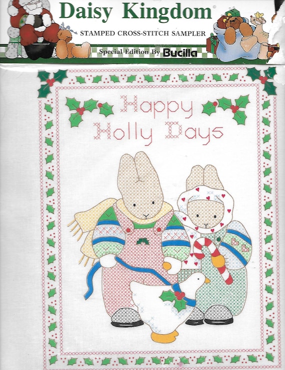 Puppy Bows ~ craft Buscilla Daisy Kingdom stamped cross stitch sampler 63446 Christmas bunny rabbit Holly days