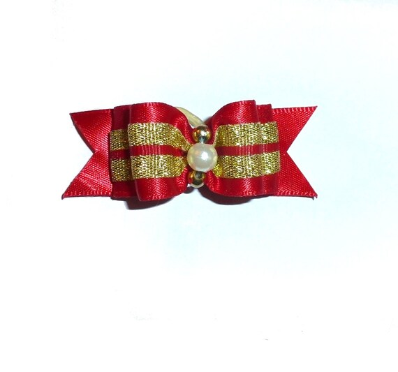 Puppy bows SALE 2 for 3.00 red/gold  pet hair show bow barrettes or bands (FB11a)