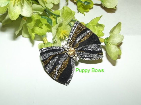 Puppy Bows ~Barrette or latex bands DOG BOW round or bowtie topknot black gold silver ~USA seller
