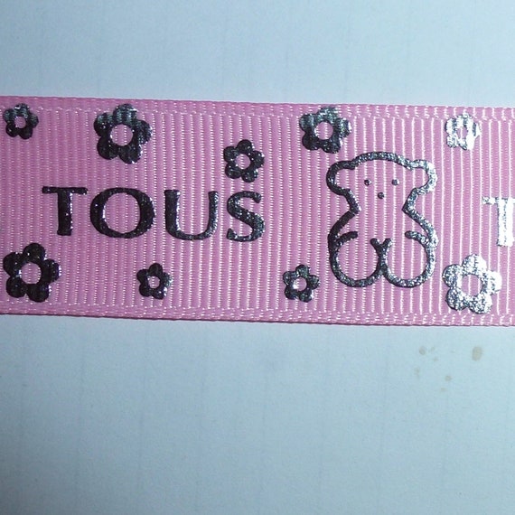 Puppy Bows ~ craft supplies pink 1" grosgrain silver teddy bear french word "tous" 2.5 yards