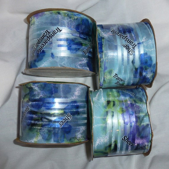 Puppy Bows ~LOT 4 ROLLS sheer satin/organza floral blue ribbon craft supplies 5 yards each 2 1/4 (lot17)