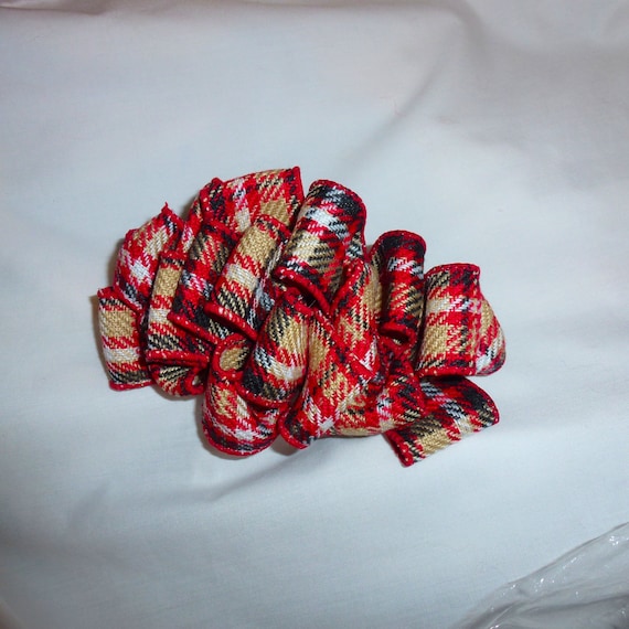 Becky Bows ~ Scottish berry inspired Barrette Hand crafted BIG hair bow Women or Girls khaki red plaid