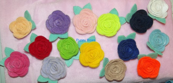 Puppy Bows ~ Girl OR Boy Sweet felt ROSE flowers mint green leaves pet dog hair bow clip or latex bands ~Usa seller (fb8)