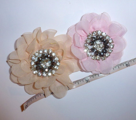 Puppy Bows ~ Pink or peach rhinestone daisy pet hair bow barrettes or bands (fb103)
