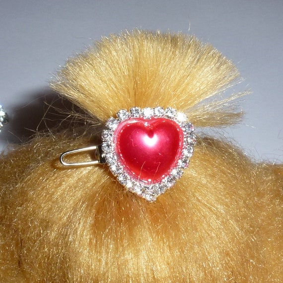 Puppy Bows ~ TINY 3/4" rhinestone pearl heart crystal crown dog bow  pet hair clip topknot barrette 4 colors!! (rb81)