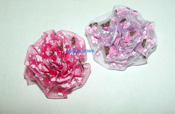 Puppy Dog Bows ~ Shabby chic lace rose flowers PINK & PURPLE pet hair bow barrettes or bands (fb59)