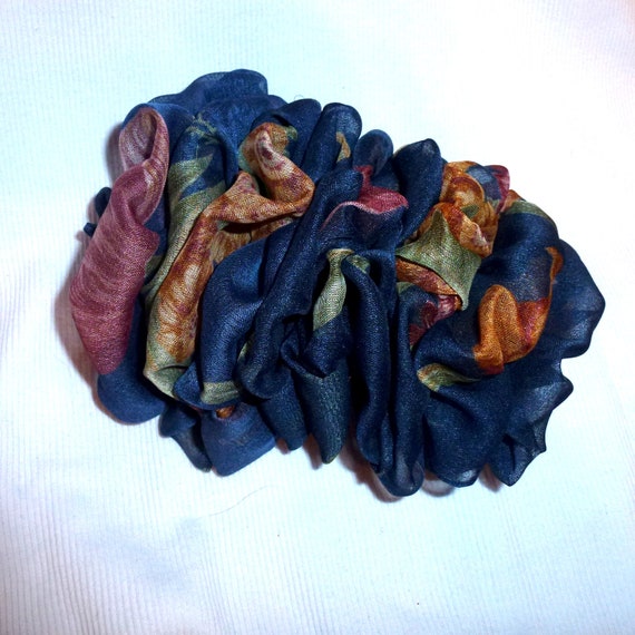 Becky Bows ~ Barrette scarf Hand crafted over sized hair bow for women or Girls navy blue floral