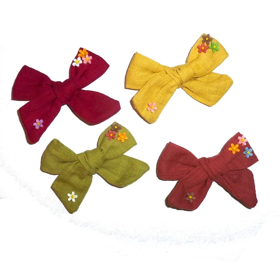 Puppy Bows ~ Pretty fall Autumn linen bows with tiny flowers  dog pet  hair bowknot bow bands or barrette  (fb410)