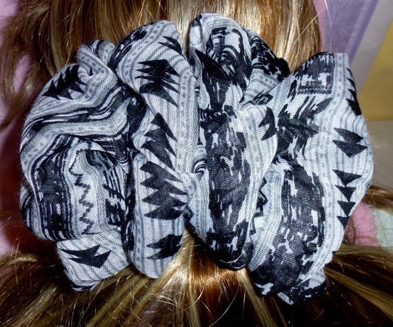 Becky Bows ~ Barrette scarf Hand crafted oversized BIG hair bow Women or Girls black gray tribal print