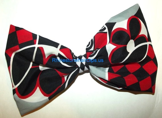 Becky Bows ~OOAK Barrette Hand crafted huge Scarf BIG hair bow Women or Girls giant RED black