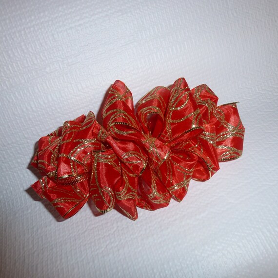 Becky Hair Bows for ladies ~ Barrette Hand crafted huge ribbon BIG hair bow or Girls giant Red gold swirl