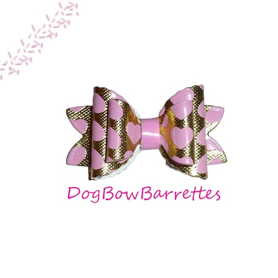 Dog hair bows small 2" bow Gold pink hearts band or barrette clip (GLBX)