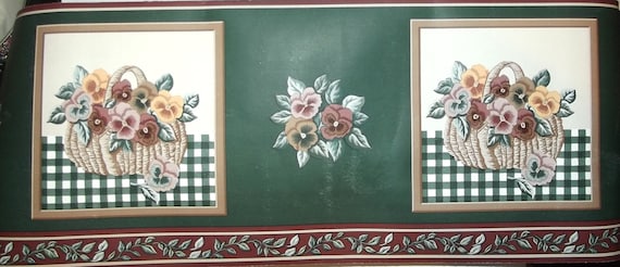 Puppy Bows ~ Wallpaper border hunter green pink tan burgundy flower basket THREE rolls 4 yards each prepasted
