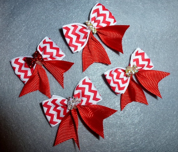 Puppy Bows ~ Fancy red chevron stripe FOUR BOWS with rhinestone centers dog bow bands or barrette clips (fb85)