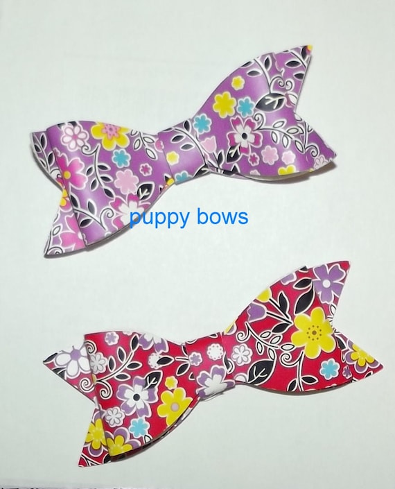 Puppy Bows ~ Red or Purple floral daisy bows barrette pet hair clip  ~USA seller (fb22)