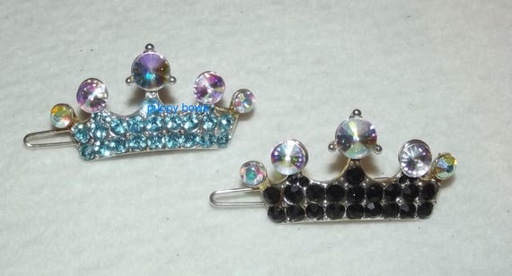Puppy Bows ~ Rhinestone enamel black or blue dog crown hair barrette ~ US Seller
