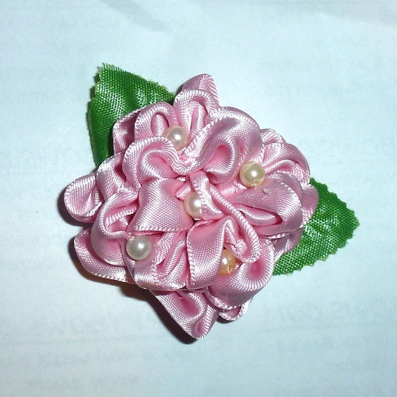 Puppy Bows ~Pink satin dahlia flower dog bow pet hair clip barrette or latex bands (fb136)
