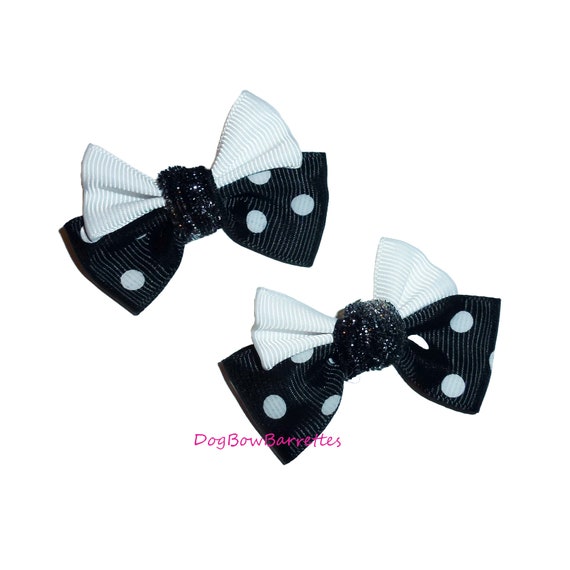 Dog bows black/white dots PAIR pet hair bow barrettes or bands (fb99B)