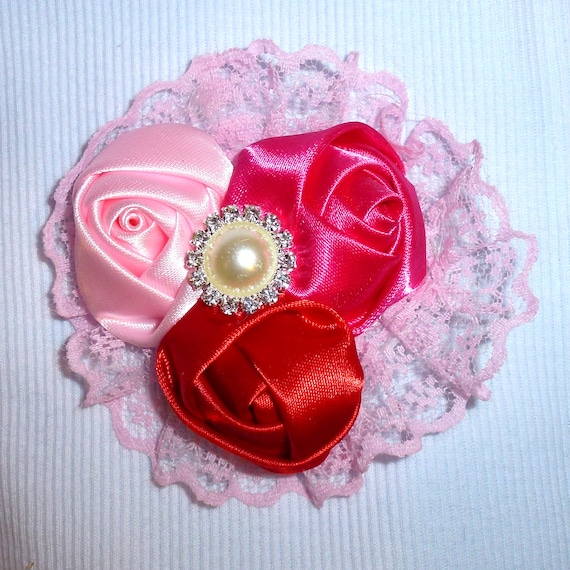 Puppy Bows ~ Dog collar slide bow large dog hair bows pink roses lace and rhinestones ~USA seller (fb162)