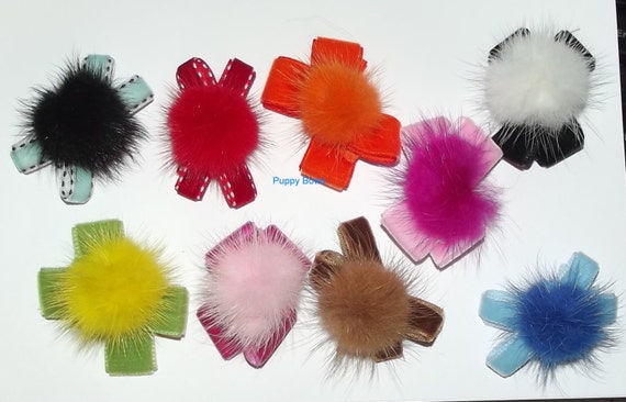 Posh Puppy Dog Bows ~ Mink and velvet fur balls pet hair bow Shih Tzu topknot barrette clip