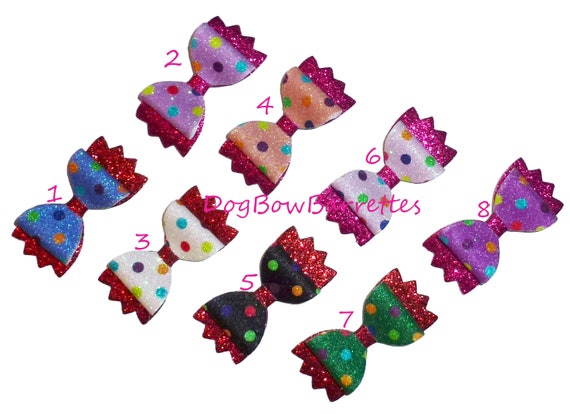 Dog Bow Barrettes multicolor glitter dots pet hair grooming bows (glbx)