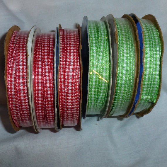 Puppy Bows ~craft supplies LOT 6 rolls red white green gingham 1/4" Christmas ribbon 24 yards microcheck (lot18)