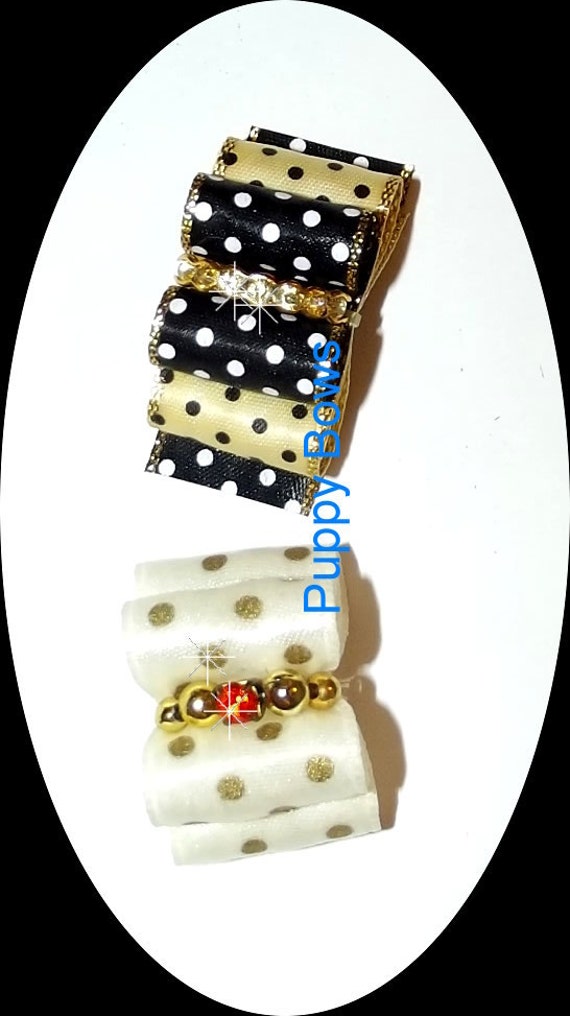 Puppy Bows ~BLACK gold dots cream gold dots rhinestone centers 7/8" Shih Tzu bands or barrette dog grooming (fb16)